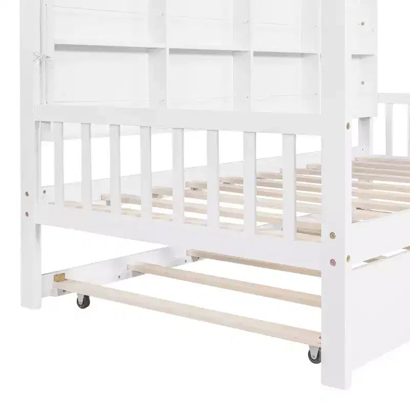 Lit cabane double avec lit gigogne et étagères de rangement, lit Montessori pour enfants en bois, cadre de lit tente de jeu pour filles et garçons, blanc