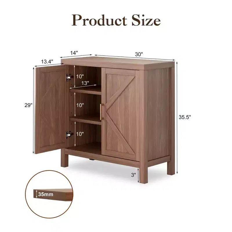 Meuble de rangement 76 cm, buffet en bois à double porte avec 2 étagères réglables, armoire d'entrée rustique marron pour cuisine, chambre, salon