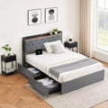 Velvet Upholstered Platform Bed Frame with 4 Drawers and Storage Headboard, with Charging Station, No Box Spring Needed, Noise Free