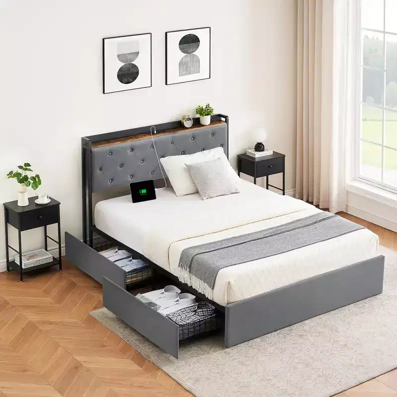 Velvet Upholstered Platform Bed Frame with 4 Drawers and Storage Headboard, with Charging Station, No Box Spring Needed, Noise Free