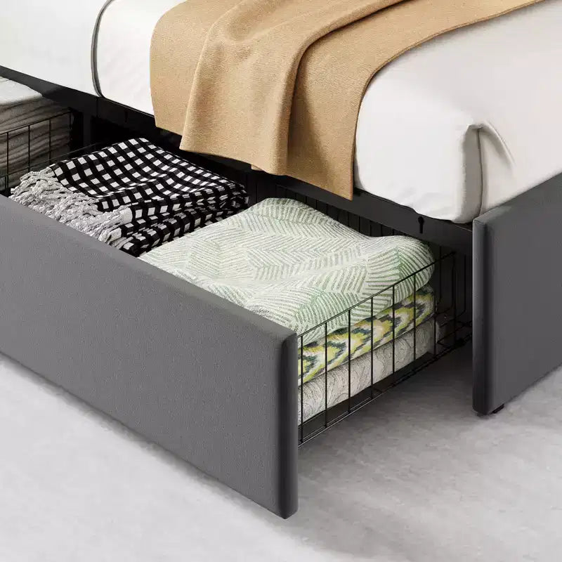 Cadre de lit plateforme en velours avec 4 tiroirs et tête de lit de rangement, avec station de charge, aucun sommier tapissier requis, sans bruit