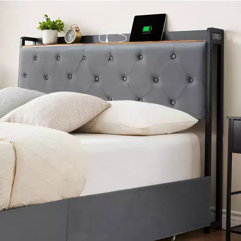 Cadre de lit plateforme en velours avec 4 tiroirs et tête de lit de rangement, avec station de charge, aucun sommier tapissier requis, sans bruit