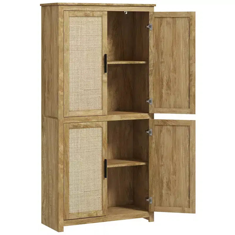 64 Kitchen Pantry, Tall Storage Cabinet with 4 Rattan Doors, 4 Tier Shelves and Adjustable Shelf