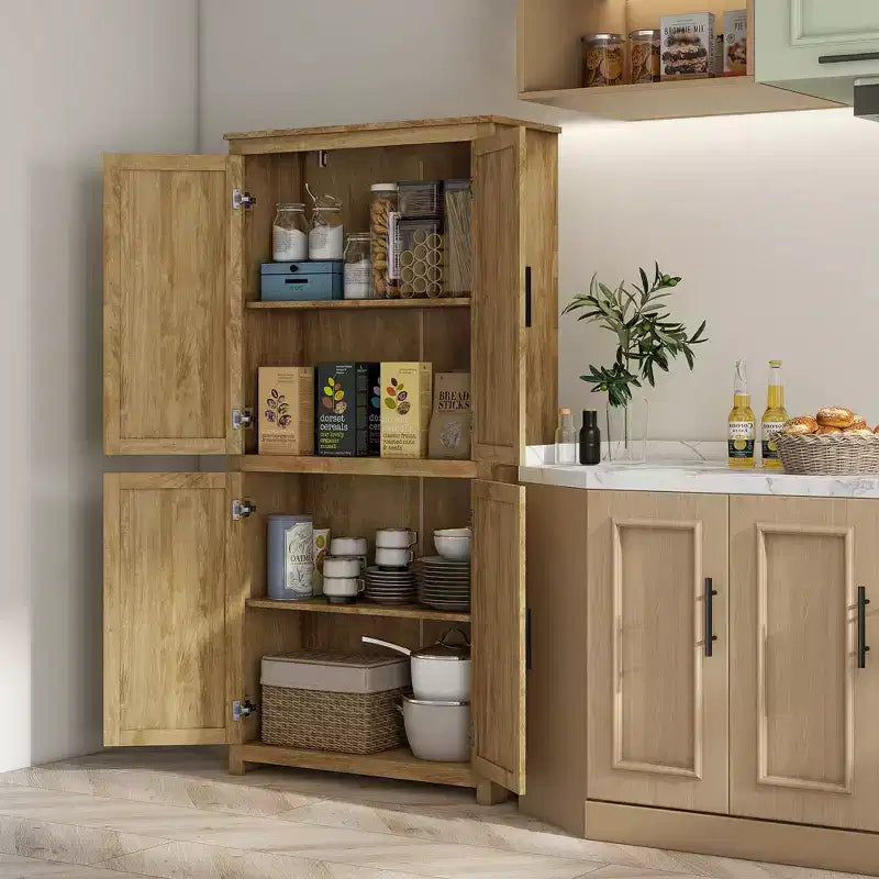 Armoire de cuisine haute de 162,5 cm avec 4 portes en rotin, 4 étagères et une étagère réglable