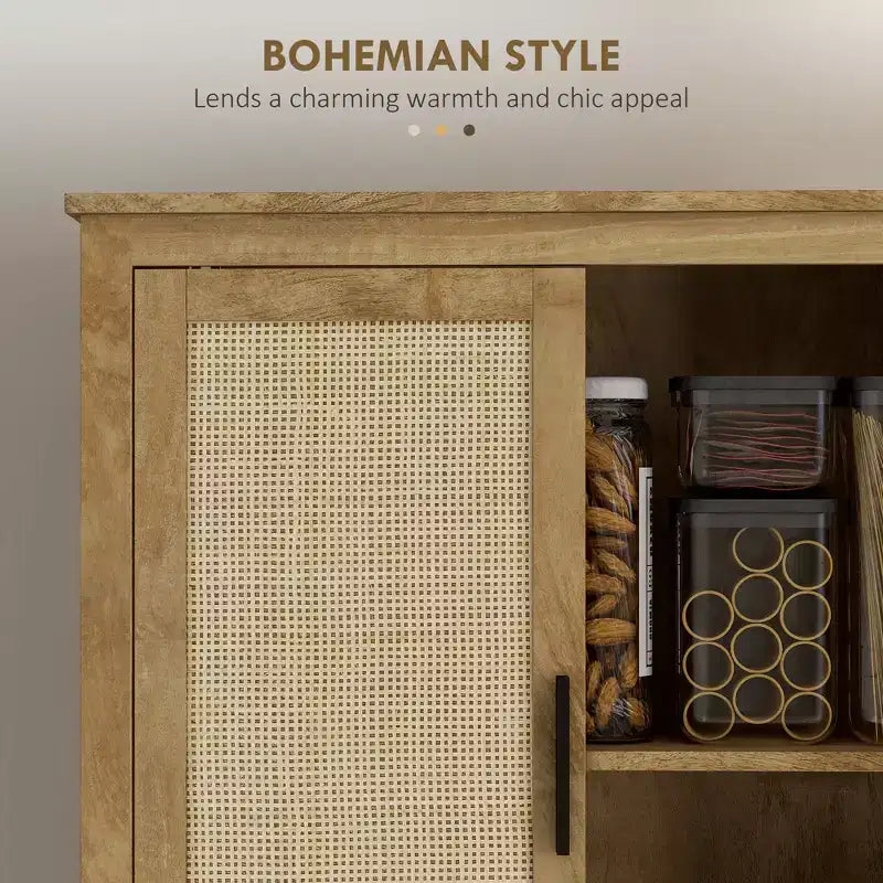 Armoire de cuisine haute de 162,5 cm avec 4 portes en rotin, 4 étagères et une étagère réglable