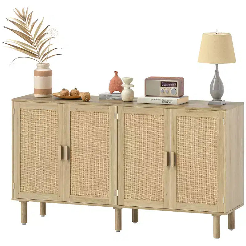 Bohemian Sideboard, 62.2 Buffet Cabinet with 4 Rattan Doors and Shelves for Living Room, Hallway