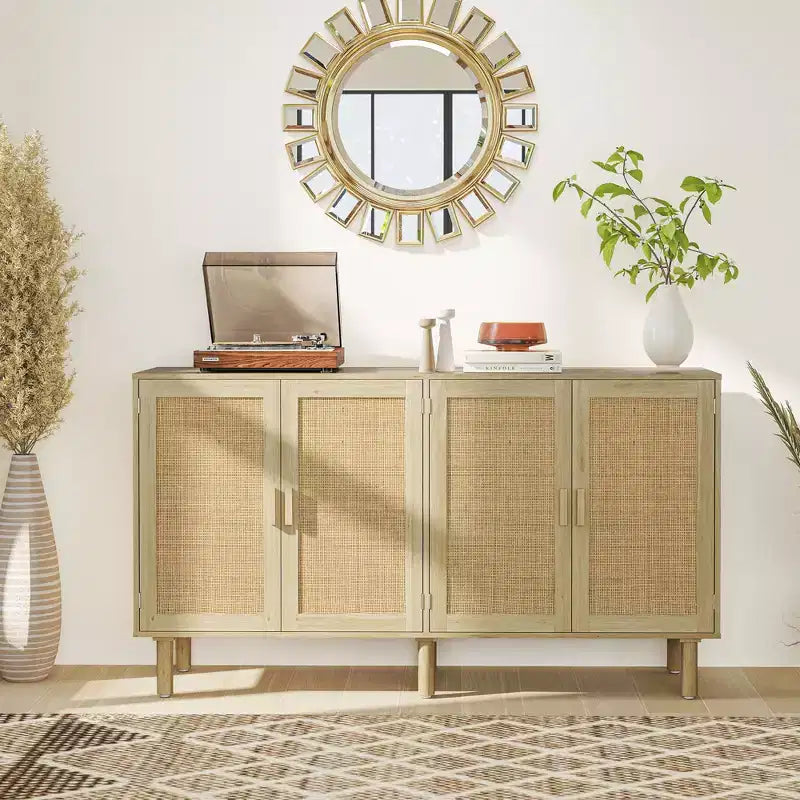 Bahut Bohème, Buffet de 62,2 po avec 4 Portes en Rotin et Étagères pour Salon, Couloir