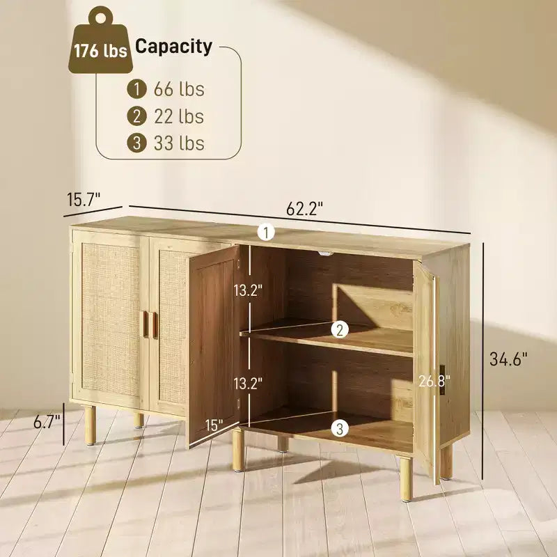 Bahut Bohème, Buffet de 62,2 po avec 4 Portes en Rotin et Étagères pour Salon, Couloir