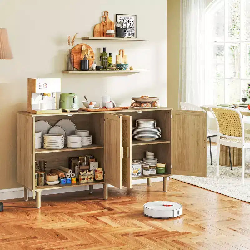 Bahut Bohème, Buffet de 62,2 po avec 4 Portes en Rotin et Étagères pour Salon, Couloir