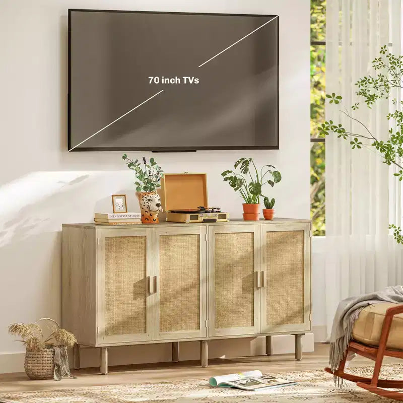 Bahut Bohème, Buffet de 62,2 po avec 4 Portes en Rotin et Étagères pour Salon, Couloir