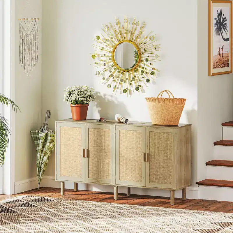 Bahut Bohème, Buffet de 62,2 po avec 4 Portes en Rotin et Étagères pour Salon, Couloir