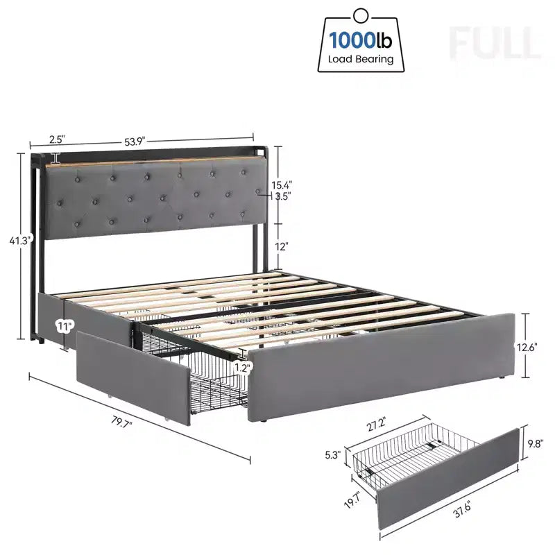 Cadre de lit en velours grand format avec quatre tiroirs de rangement et station de charge USB, idéal pour la chambre à coucher.