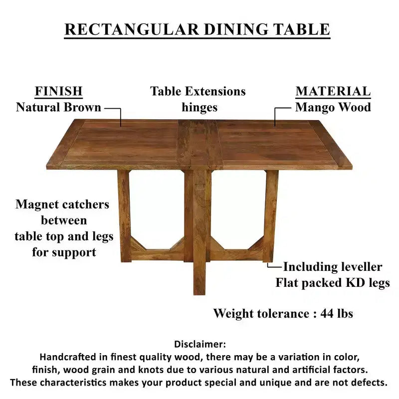 Table de salle à manger rectangulaire de 62 pouces, en bois de manguier naturel fait main avec loquets magnétiques