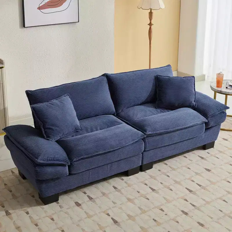 Canapé deux places en velours côtelé, rembourré, assise profonde, confortable avec oreillers pour chambre, salon, bureau, bleu