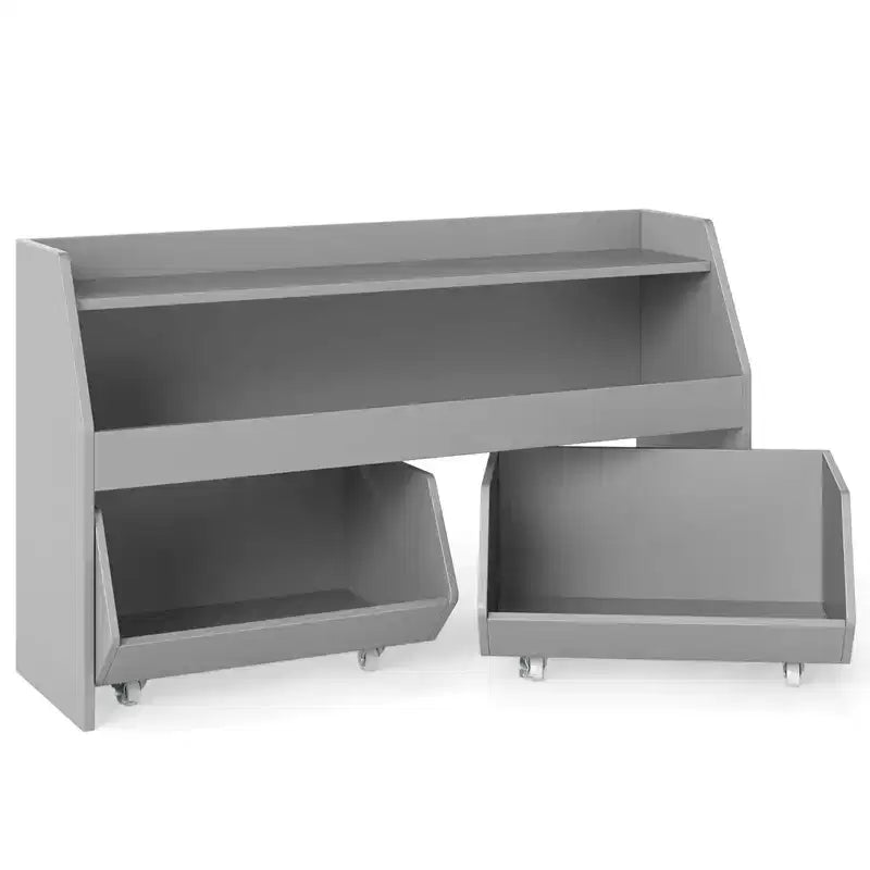 Organisateur de rangement de jouets pour enfants avec 2 tiroirs mobiles et compartiment ouvert Gris/Blanc