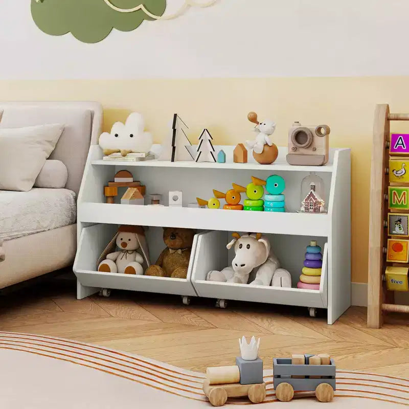 Organisateur de rangement de jouets pour enfants avec 2 tiroirs mobiles et compartiment ouvert Gris/Blanc