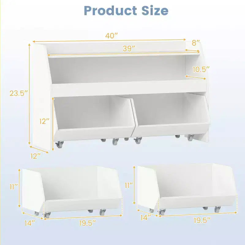 Organisateur de rangement de jouets pour enfants avec 2 tiroirs mobiles et compartiment ouvert Gris/Blanc