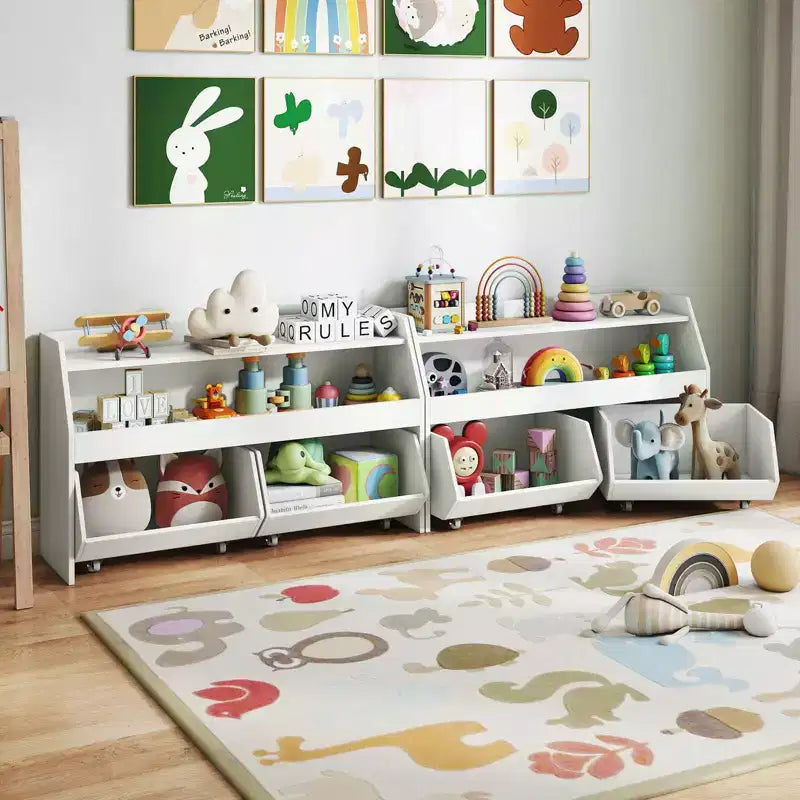 Organisateur de rangement de jouets pour enfants avec 2 tiroirs mobiles et compartiment ouvert Gris/Blanc