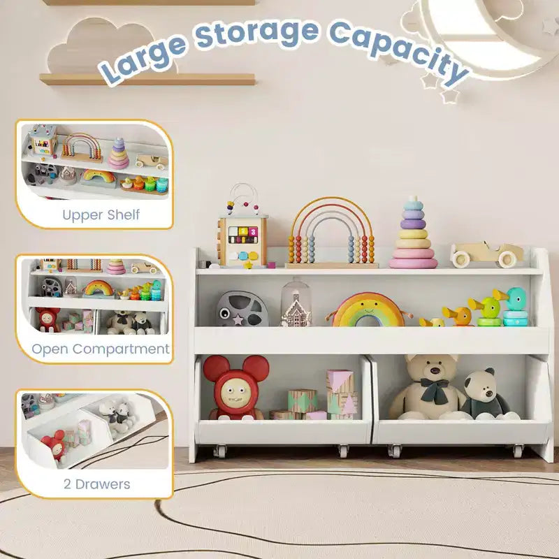 Organisateur de rangement de jouets pour enfants avec 2 tiroirs mobiles et compartiment ouvert Gris/Blanc