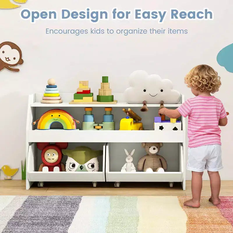 Organisateur de rangement de jouets pour enfants avec 2 tiroirs mobiles et compartiment ouvert Gris/Blanc
