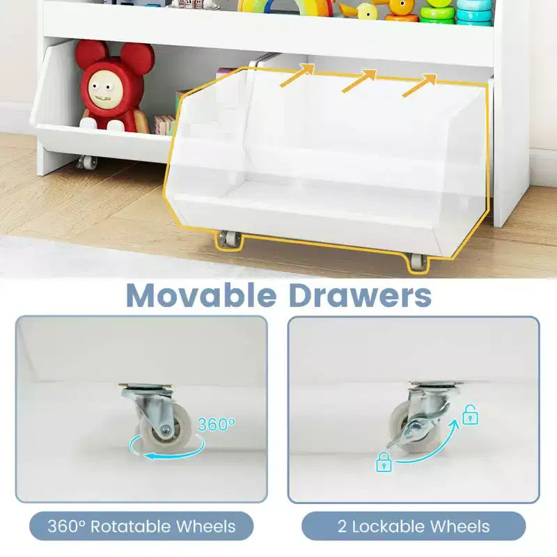 Organisateur de rangement de jouets pour enfants avec 2 tiroirs mobiles et compartiment ouvert Gris/Blanc