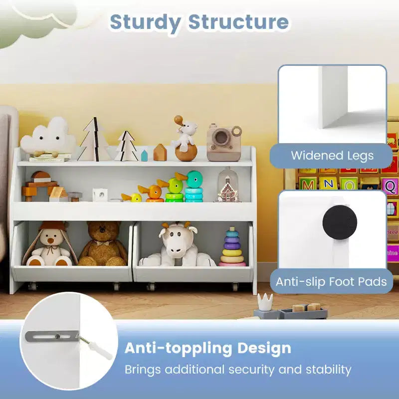 Organisateur de rangement de jouets pour enfants avec 2 tiroirs mobiles et compartiment ouvert Gris/Blanc
