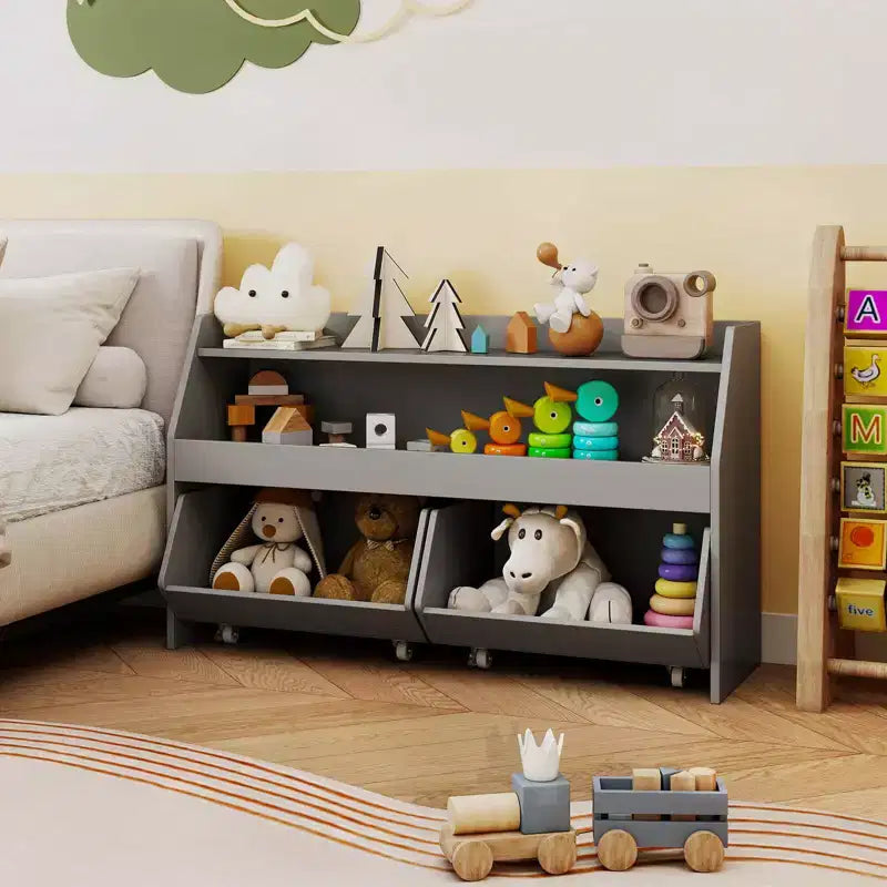 Organisateur de rangement de jouets pour enfants avec 2 tiroirs mobiles et compartiment ouvert Gris/Blanc