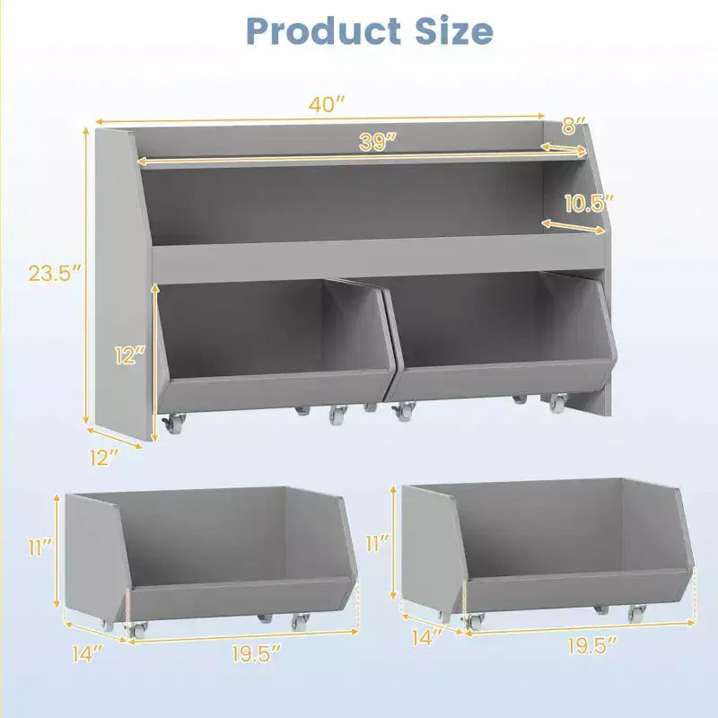 Organisateur de rangement de jouets pour enfants avec 2 tiroirs mobiles et compartiment ouvert Gris/Blanc