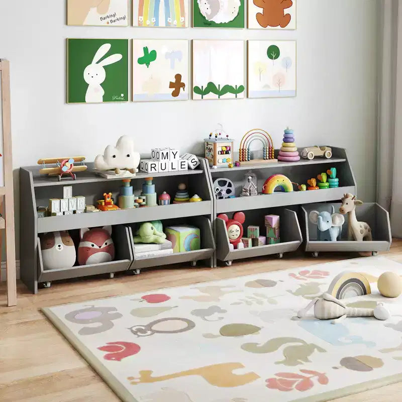 Organisateur de rangement de jouets pour enfants avec 2 tiroirs mobiles et compartiment ouvert Gris/Blanc