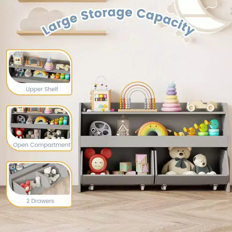 Organisateur de rangement de jouets pour enfants avec 2 tiroirs mobiles et compartiment ouvert Gris/Blanc