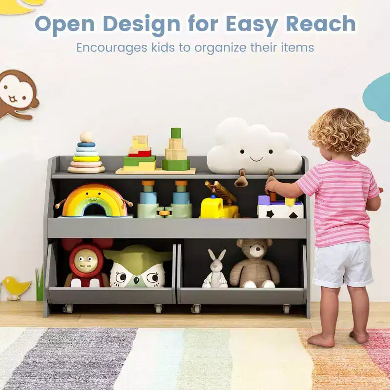 Organisateur de rangement de jouets pour enfants avec 2 tiroirs mobiles et compartiment ouvert Gris/Blanc