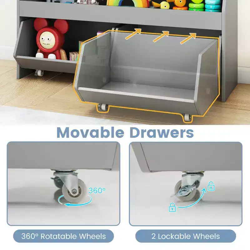 Organisateur de rangement de jouets pour enfants avec 2 tiroirs mobiles et compartiment ouvert Gris/Blanc