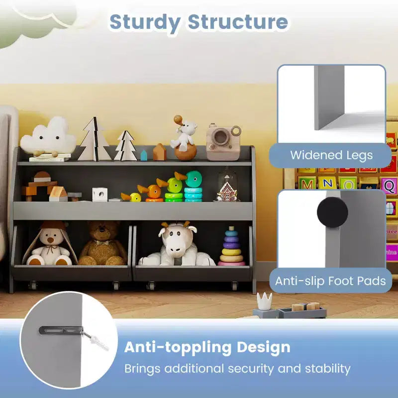 Organisateur de rangement de jouets pour enfants avec 2 tiroirs mobiles et compartiment ouvert Gris/Blanc