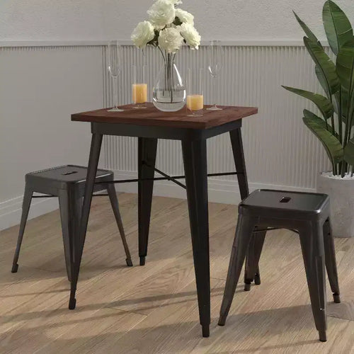 Table d'intérieur contemporaine en acier de 23,5 po avec plateau carré en bois rustique