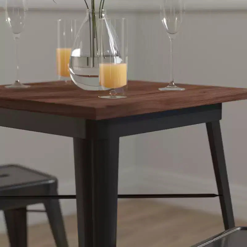 Table d'intérieur contemporaine en acier de 23,5 po avec plateau carré en bois rustique